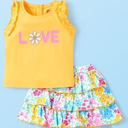 Babyhug Single Jersey Knit Sleeveless Top & Skirt Set With Floral Print - Yellow-image-72