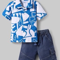 OLLINGTON ST. Cotton Half Sleeves Abstract Printed Shirt & Denim Shorts Set - White & Navy Blue-20
