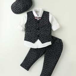 Dapper Dudes Full Sleeves Shirt With Abstract Printed Waistcoat Bow Cap & Pant Set - Black-image-58