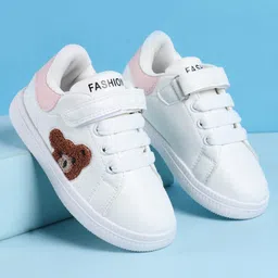 Babyoye Velcro Closure Bear Embroidered Casual Shoes With Lace Detailing - Pink & White-picture-11