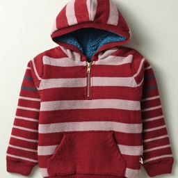 Yellow Apple Knitted Full Sleeves Hooded Striped Pullover Sweater With Kangaroo Pockets - Maroon-image-79