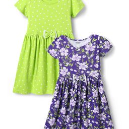 Honeyhap Premium Cotton Knit Half Sleeves Printed Floral Printed Frocks With Bio Finish Pack Of 2 - Punch & Lavender-image-14