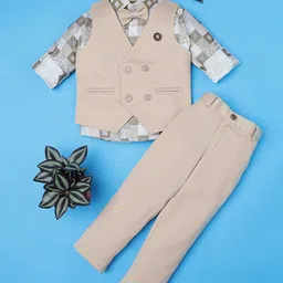 Rikidoos Full Sleeves Checked & Abstract Printed 3 Piece Party Suit Set With Bow - Beige-picture-39