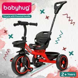 Babyhug Tricycle with Parental Push Handle-Red| Safety Harness| Foldable Footrest| Storage Baskets| Anti-Slip Pedals| Adjustable Push Bar| Puncture Proof Wheels| Comfortable Seat| High Backrest-image-85