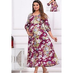 NEVISHA STYLE Cotton Woven Three Fourth Sleeves Floral Printed Maternity Kurta With Nursing Access - Maroon-image-66
