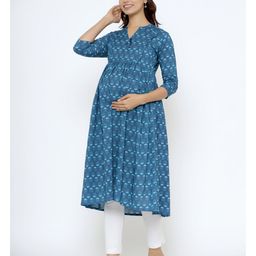 CRAFIQA Three Fourth Sleeves Floral Printed Maternity Kurta With Concealed Zipper Nursing Access - Blue image 5