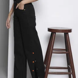 SASSAFRAS Women Black Comfort Straight Fit High-Rise Side Slit Stretchable Jeans-picture-10