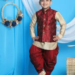 VASTRAMAY Boys Maroon & Gold Embroidery Full Sleeves Kurta Sets-image-56