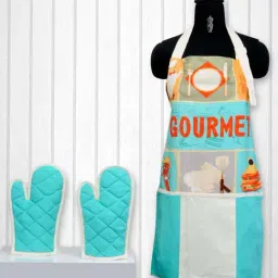 Swayam Sky Blue & White Kitchen Apron with Oven Gloves - Set of 1-20