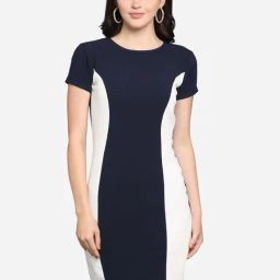 PURVAJA Navy & White Knitted Color-Block Bodycon Dress-picture-7
