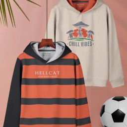 HELLCAT Kids Orange & Beige Printed Full Sleeves T-Shirt (Pack Of 2)-picture-0