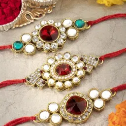 Peora Multicolored Kundan & Crystal Stone Rakhi with Roli Chawal Greeting Card (Set of 3 Rakhi)-image-76
