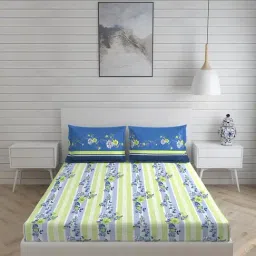Layers Portland Geometric Blue 104 TC Cotton Queen Bed Sheet with 2 Pillow Covers-28