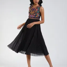 Label Ritu Kumar Black Embroidered Midi Fit & Flare Dress-image-99