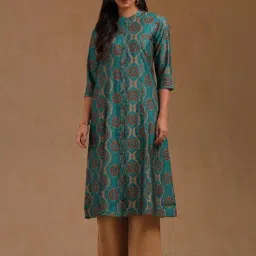 Soch Teal Muslin Printed Three-Quarter Sleeves Kurta-picture-2