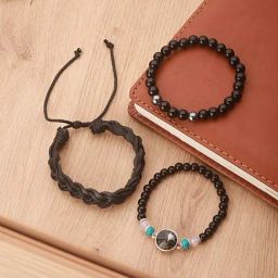 Aatmana Black Brass Set Of 3 Beaded Elasticated Bracelet-26