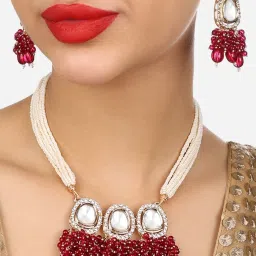 Zaveri Pearls Rani Pink Cluster Beads Drop Multistrand Beaded Necklace & Earring Set-ZPFK17931 image 5