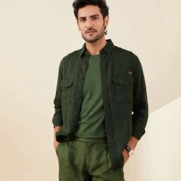 Andamen Olive 100% Linen Regular Fit Solid Shirt-image-10
