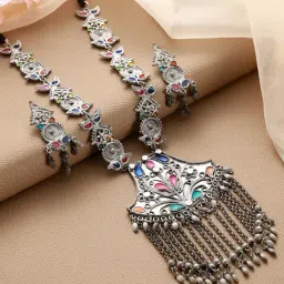 Aatmana Oxidized Silver-Plated Meenakari & Ghungroo Beads Studded Handcrafted Necklace Set-image-29