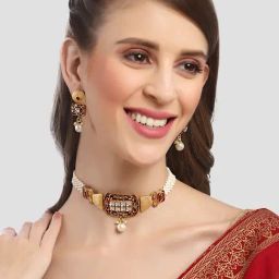 Karatcart Red Meena Pearl Beaded Choker Necklace Set-image-14