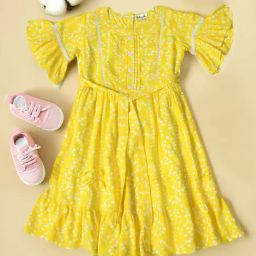 Bella Moda Girls Yellow Cotton Half Sleeves Floral Printed Dress-image-84
