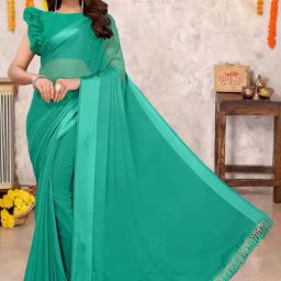 MIRCHI FASHION Teal Green Plain Saree With Unstitched Blouse-picture-10