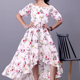 Aarya Designer Floral Print Puff Sleeve Ruffled Crepe Fit & Flare Maxi Dress-19