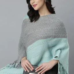 SHOWOFF Sea Green & Grey Color-Block Poncho-2