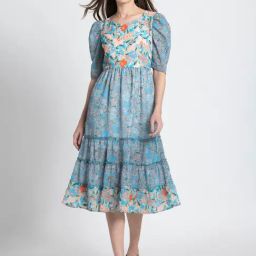 SHAYE Blue Floral Print Midi Dress-image-96