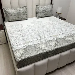 Pure Decor lifestyle grey And White Printed Cotton 350 TC King Bedsheet Set 2.74m X 2.74m-image-60