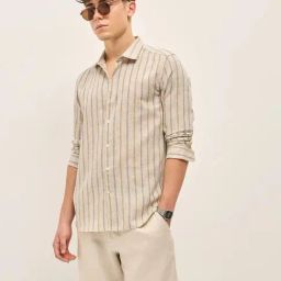 THE BEAR HOUSE Beige Polyester Slim fit Striped Shirts-image-95
