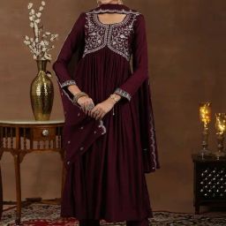Libas Burgundy Silk Blend Floral Kurta Sets With Duppatta-image-64