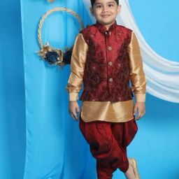 VASTRAMAY Boys Maroon & Rose Gold Embroidery Full Sleeves Kurta Sets-image-14