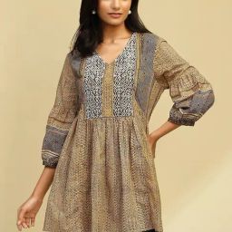 Biba Brown Cotton Printed A Line Short Kurti-picture-6