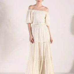 SHOWOFF Cream Cotton Stripes Short Sleeves Dress With Belt-image-9