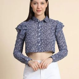 KERI PERRY White & Navy Printed Crop Top-image-22