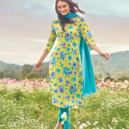 Aurelia Yellow Floral Print Cotton High Low Kurta-image-36