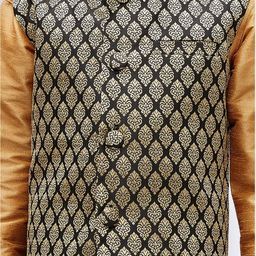 JBN Creation Boys Gold-Toned & Rose Gold Self Design Kurta with Pyjamas & Nehru Jacket image 3