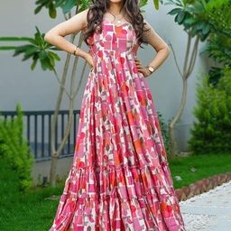 BlueRang Women Geometric Printed Sweetheart Neck Ruffled Fit & Flare Maxi Dress-image-84