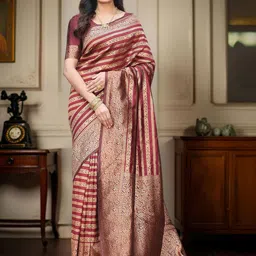 House of Pataudi Striped Woven Design Saree With Blouse Piece-24