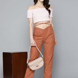 HERE&NOW Women Brown Checked Palazzos-image-63
