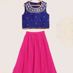 TWISHA Kids Royal Blue & Pink Embellished Top with Ghagra-image-91