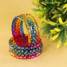 LAVAZZA Set Of 6 Zircon Diamond & Beads Work Glass Bangles-5