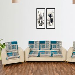SAWNA HOMES Blue & Beige 6 Pieces Floral Printed 5 Seater Velvet Sofa Covers-image-92