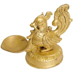 Exotic India Yellow Textured Brass Peacock Lamp-16