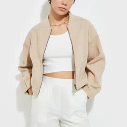 max Women Stand Collar Solid Casual Bomber Jacket-11