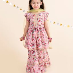Pspeaches Short Sleeves Flower Blossom Print Kurti With Sharara & Dupatta - Pink-image-60