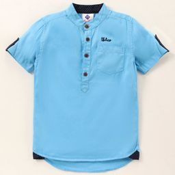 TONYBOY Half Sleeves Placement Embroidered Curved Hem Shirt - Light Blue-image-20