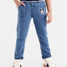 Babyhug Cotton Full Length Washed Denim Jeans with Stretch Mickey Mouse Patch - Blue-picture-6