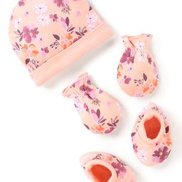 Babyhug 100% Cotton Knit Flower Printed Cap Mittens & Booties Set- Peach-image-53